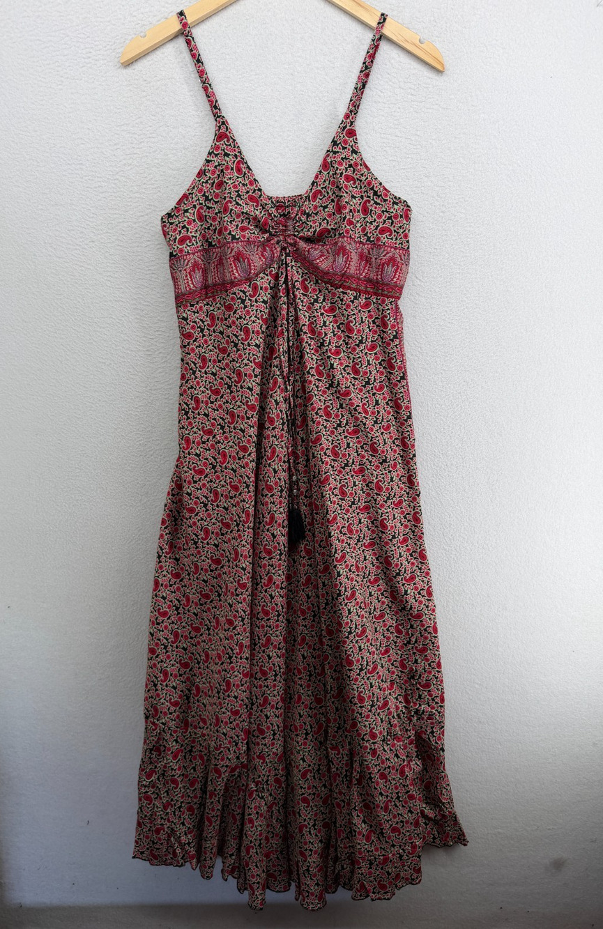 ALLER SIMPLEMENT Dress L-XL Parisian Paisley Maxi Cinched Bodice Smocked Red